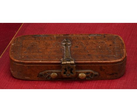 A late 17th century rounded rectangular pocket balance, the cover embossed with scrolling foliage, brass axe head hinge, cont
