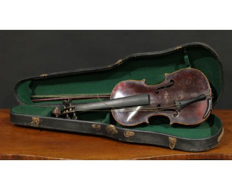 A violin, the one-piece back 36cm excluding button, ebonised tuning pegs, 59cm long, the bow unsigned and distressed, 67cm lo
