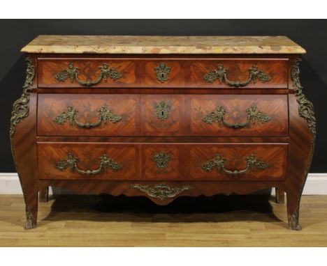 A Louis XV Revival gilt metal mounted kingwood and marquetry bombe commode, marble top above three long drawers, 90cm high, 1
