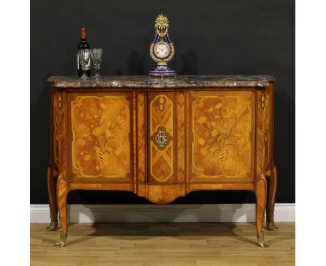 A 19th century French kingwood and marquetry side cabinet, marble top above a pair of doors, inlaid with flowering leafy stem