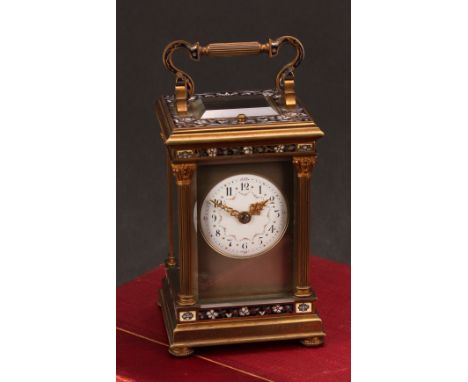 A large early 20th century gilt brass and champlevé enamel repeater carriage clock, 5.5cm circular enamel dial inscribed with