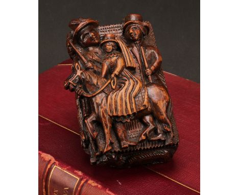 Treen - a 19th century German provincial trinket box, the dovetail hinged cover carved with a maiden on horseback flanked by 