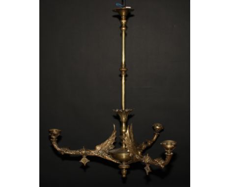 An early 20th century brass three-light electrolier, as a faux-gasolier, each branch cast as a wyvern, 80cm high overall, 64c