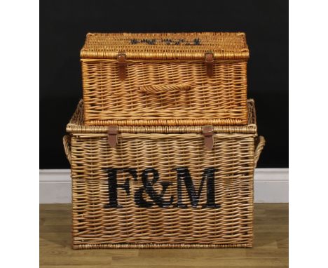 A large Fortnum &amp; Mason wicker two-handled hamper, 39.5cm high, 58cm wide excluding handles; another, smaller (2) 