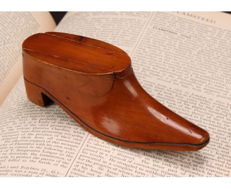 Snuff - a 19th century novelty boxwood snuff box, carved as a shoe, quite plain, 13cm long, c.1850 