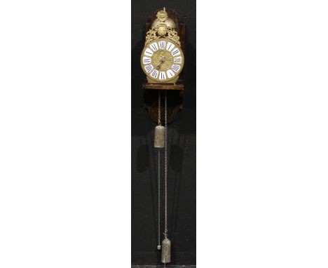 An 18th century French brass lantern clock, 22cm circular dial applied with Roman numerals and crested by the crown, shield a