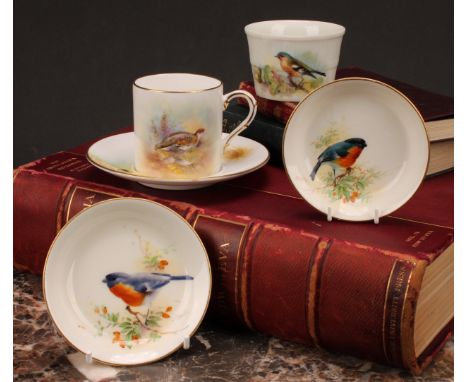 A Royal Worcester coffee can and saucer, painted by P. Platts, signed, with Ptarmigan and Golden Plover, 12.5cm diameter, pri