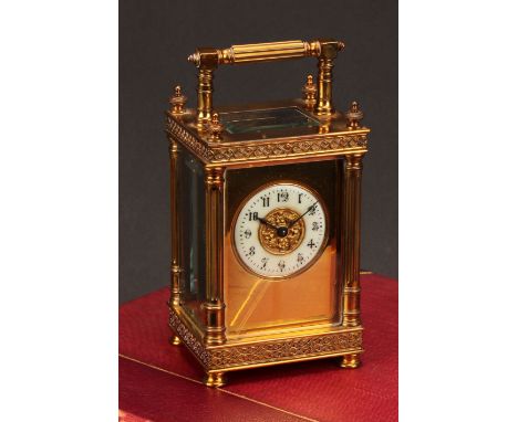 A French lacquered brass carriage timepiece, 4.5cm dial inscribed with Arabic numerals, key-wound movement with platform esca