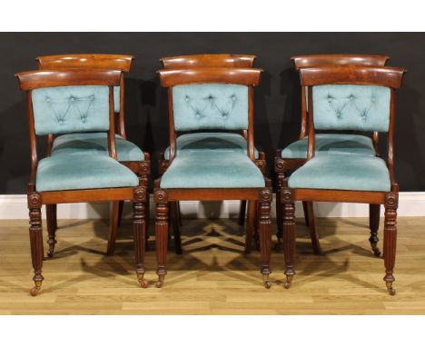 A set of six William IV rosewood dining chairs, each with stuffed-over deep button back, drop-in over cane seat, turned and r