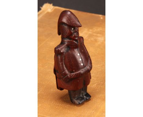 Snuff - a 19th century novelty treen snuff box, carved as a naval officer, glass eyes, bone buttons, ebonised boots, 9.5cm hi
