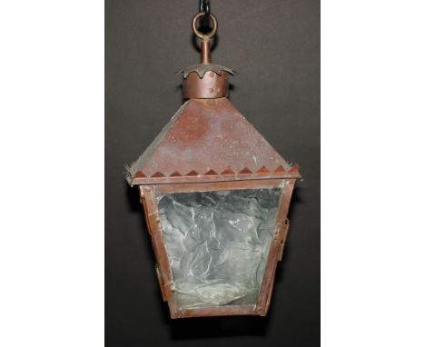 An Arts &amp; Crafts period copper hall lantern, dogtooth capital, 52cm high overall, early 20th century 