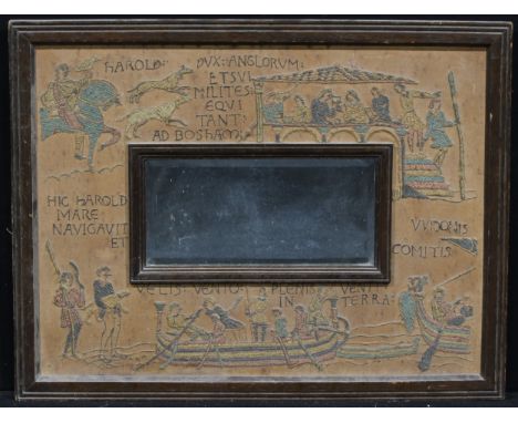 An Arts and Crafts oak and textile rectangular looking glass, rectangular bevelled mirror plate, the border worked in coloure
