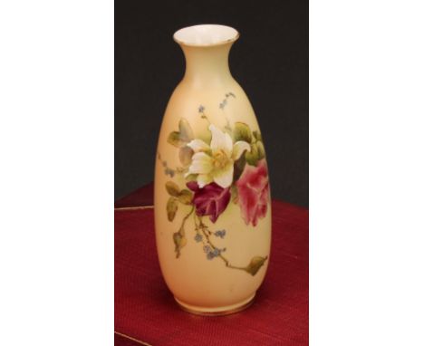 A Royal Worcester ovoid vase, printed and painted with summer flowers on a blush ivory ground, 14cm high, printed crown and c