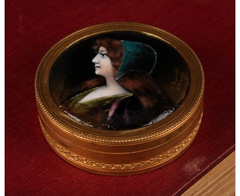 A French enamel and gilt metal circular table snuff box, the push-fitting cover decorated with a bust-length portrait of a la