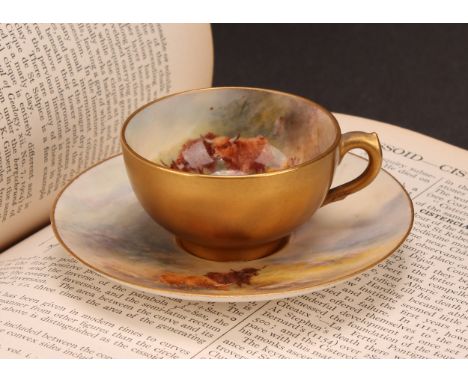 A Royal Worcester cabinet cup and saucer, painted by Harry Stinton, signed, with Highland Cattle, 10cm diameter, printed crow