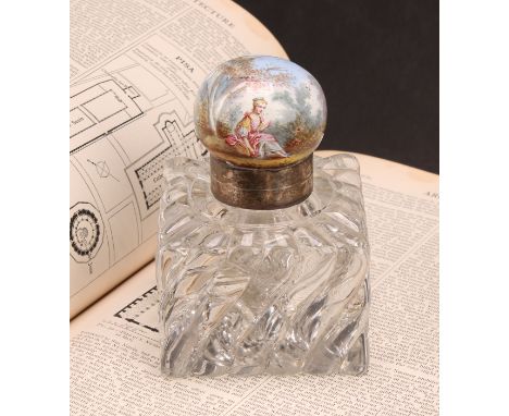 An early 20th century Austrian enamel mounted inkwell, the domed hinged cover depicting a maiden sitting beside a lake, on a 