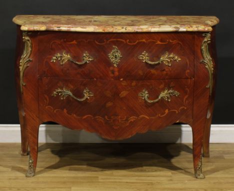 A Louis XV Revival gilt metal mounted kingwood and marquetry bombe commode, marble top above two long drawers, 86cm high, 122