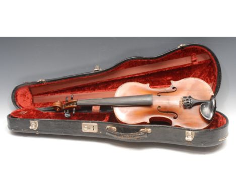 A violin, the one-piece back 36cm long excluding button, ebonised tuning pegs, outlined throughout with purfling, 60cm long o