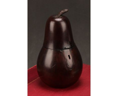 Treen - a novelty tea caddy, as a pear, the hinged cover with stalk finial, 17cm high