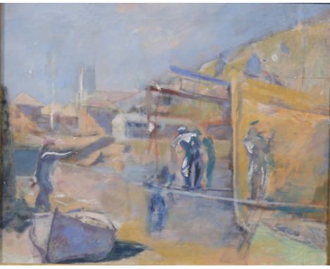 Frank Griffith (1889–1979)Unloading the Catch,stamp to verso, mixed media, 49cm x 59.5cm 