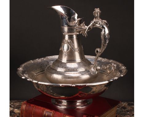 A large 19th century French silver ewer and basin, engine turned and chased in the Grecian Revival taste with bands of anthem