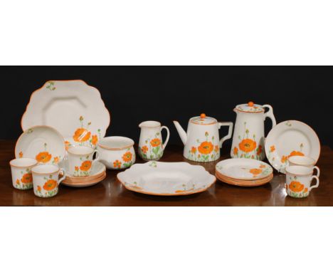 An Art Deco Goss tea service, painted with poppies, black marks, c.1930 