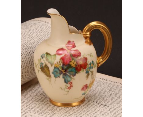 A Royal Worcester flat back jug, decorated with vibrant flowers picked out in gilt on ivory ground, 12.5cm high, printed crow