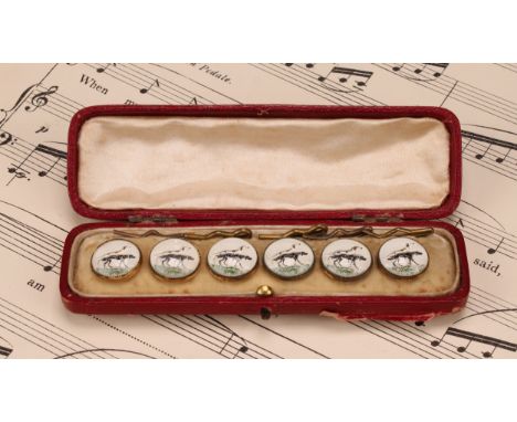 A set of six Essex crystal type buttons, depicting hunting dogs, 1.5cm diam, early 20th century, cased 