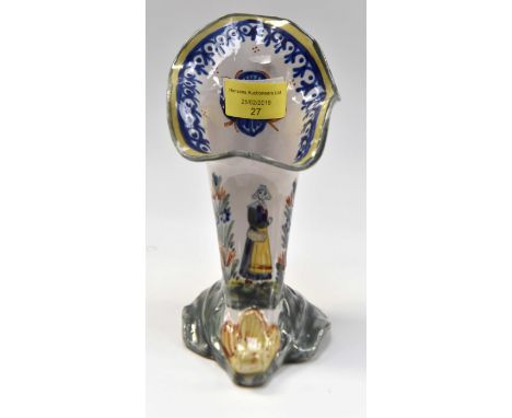 A 19th Century HR Quimper footed cornet with the base foot being modelled as a leaf, the central decoration featuring a Breto