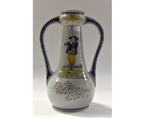 A 1930's HB Quimper twin handled vase, size 32 cms high by 22 cms diameter (including the handles). Condition report; good, f