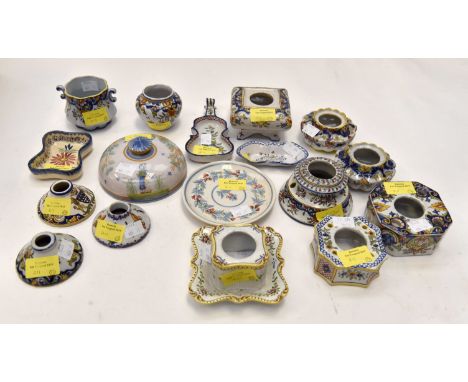 A collection of ten French Faience inkwells of various shapes and styles along with three trinket dishes, one small plate and