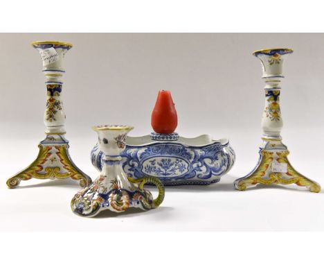 Quimper 19th Century blue and white planter and candle holder, pair of 19th Century Quimper single candlesticks and a short 1