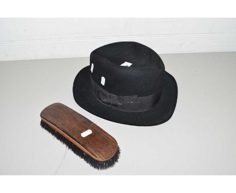 BLACK LEATHER HOMBURG HAT BY G A DUNN &amp; CO, PICCADILLY CIRCUS, TOGETHER WITH A HAIR BRUSH