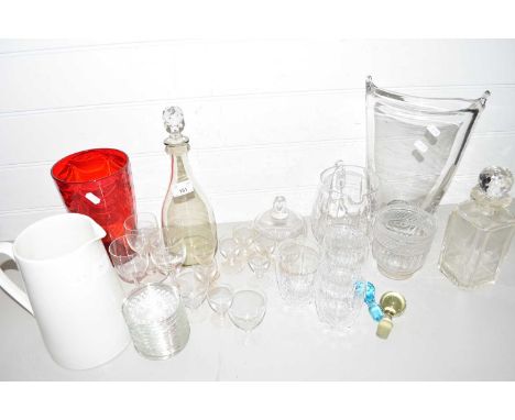 GROUP OF GLASS WARES INCLUDING A DECANTER WITH FACETED STOPPER, GLASS DECANTER, POTTERY JUG AND RED COLOURED GLASS VASE