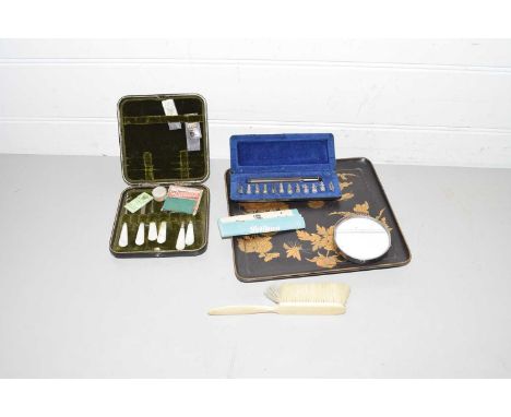 TRAY CONTAINING SMALL SEWING CASE, BUTTON HOOKS, BRUSH, SMALL MIRROR ETC