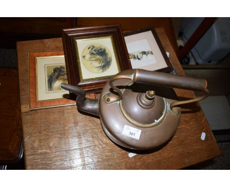 COPPER KETTLE TOGETHER WITH SMALL QUANTITY OF FRAMED WATERCOLOURS OF DOGS AND HORSES AND A VINTAGE SILVER PLATED PHOTO FRAME