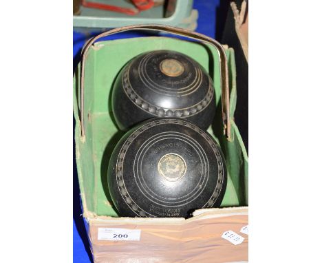 BOX CONTAINING TWO WOODEN BOWLS BY R W HENSELL &amp; SONS