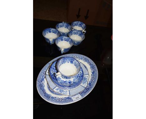 SELECTION OF WOOD &amp; SONS 'ENGLISH SCENES' CUPS AND SAUCERS, TOGETHER WITH BLUE AND WHITE POTTERY