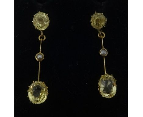 A pair of antique yellow sapphire pendant drop earrings, set with sea pearl overall length approx 35mm.