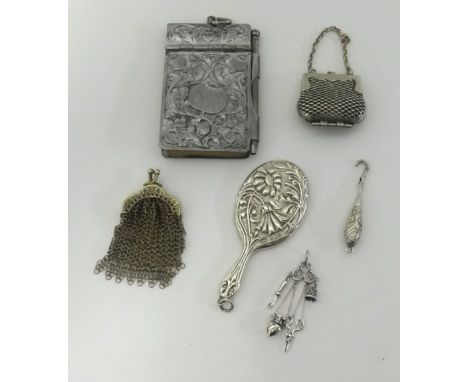 Various chatelaine items including silver purse pendant, silver miniature child's bag and coins, sewing charms, Edward VII sm