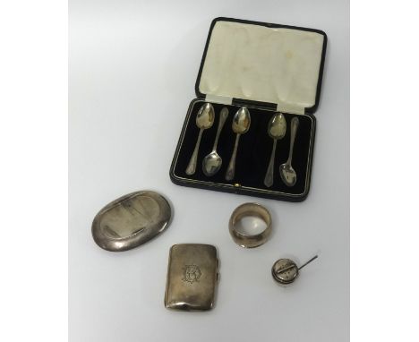 Various silverwares including five silver teaspoons, cigarette case, polish box, a napkin ring and a miniature 7.56oz.