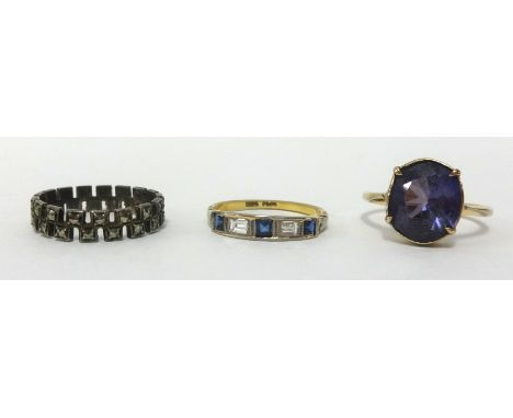 Three rings, including 9ct amethyst set ring, finger size O, also sapphire and diamond eternity ring in yellow metal and a fu