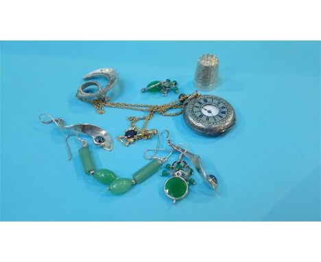 Various dress jewellery, including Jade earrings, a silver thimble etc.