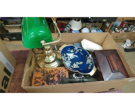 A box containing telephone, tea caddy, desk lamp etc.