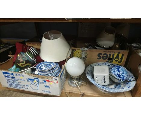 Shelf of assorted blue and white china, cloisonne vase etc.