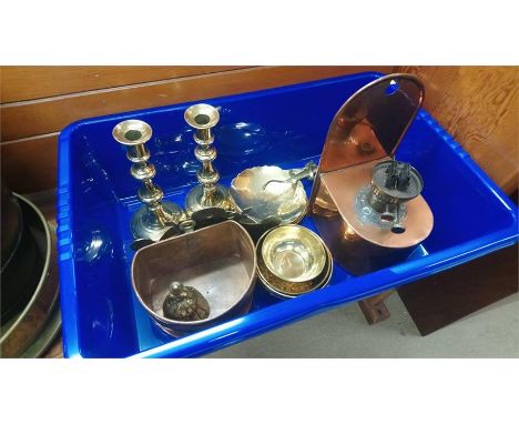 A box containing a copper wall mounted oil lamp and a quantity of brassware