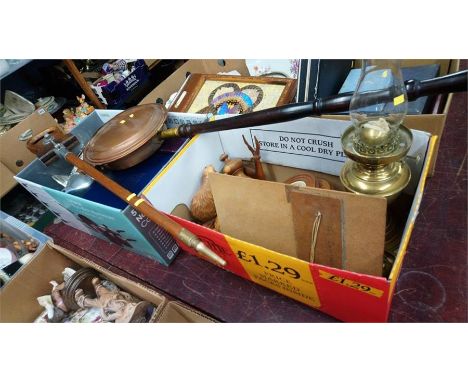 Two boxes containing oil lamp, Metronome, Picquot ware etc.