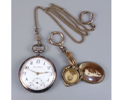 Taschenuhr "Locarno", 800er Silber, 1920er Jahre, an Uhrenkette mit Fotoanhängern, Doublé, Gehäuse partiell rotvergoldet, Ema