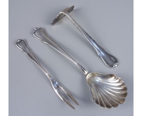 3 Besteckteile, Gustav Kropp, 800er Silber, Barockmuster: Anleggabel, Zuckerlöffel mit Muschellaffe, Breischieber3 pieces of 