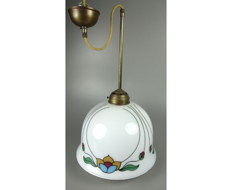 Deckenlampe, Milchglasschirm mit Blumendekor im Jugendstil, Antik-Sieger, 2.Hälfte 20.Jh., Messingfassung und Stoffkabel, Sch